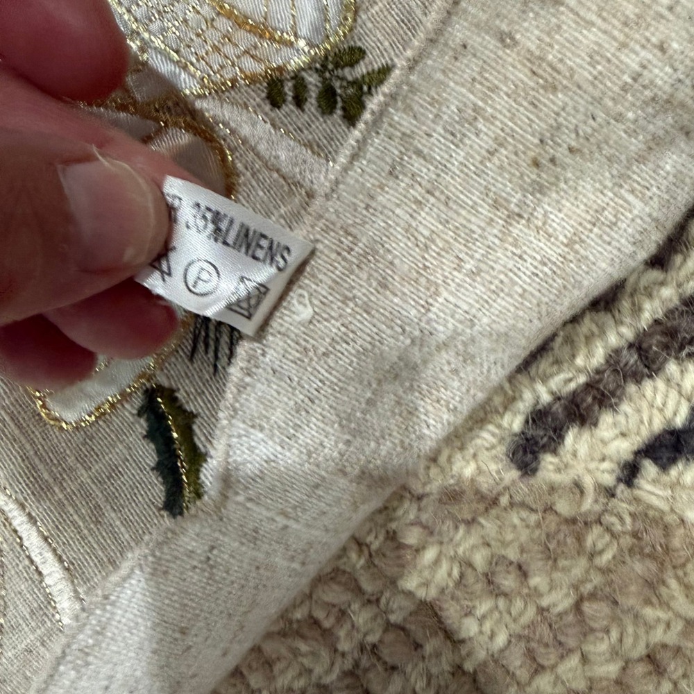 Vintage Embroidered Christmas Tablecloth Bells Poinsettia Holly Hemstitch 33x33 - Picture 10 of 12